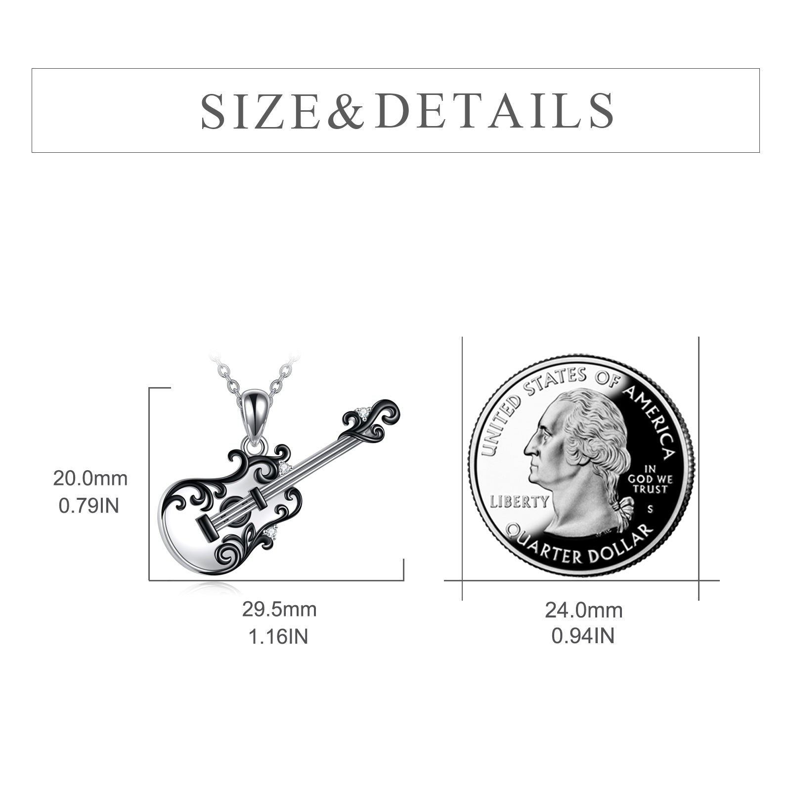 Sterling Silver Two-tone Circular Shaped Cubic Zirconia Guitar Pendant Necklace