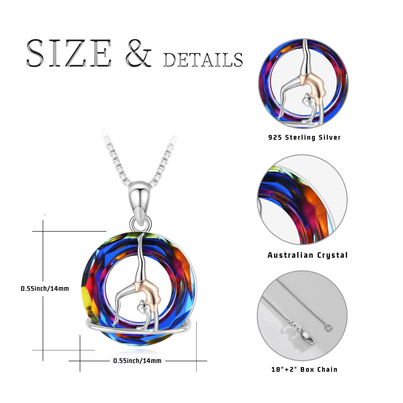 Sterling Silver Two-tone Circular Shaped Gymnast Crystal Pendant Necklace