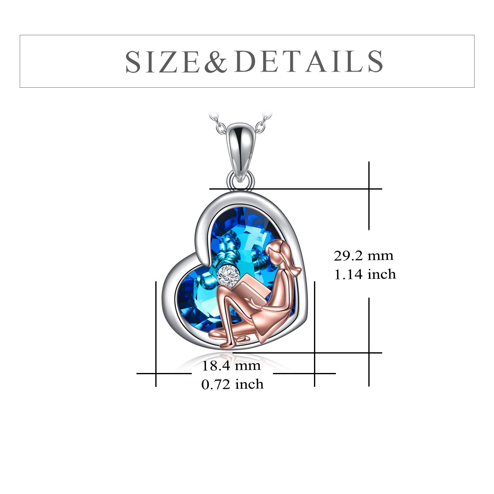 Sterling Silver Blue Heart Cut Crystal Reading Girl Pendant Necklace