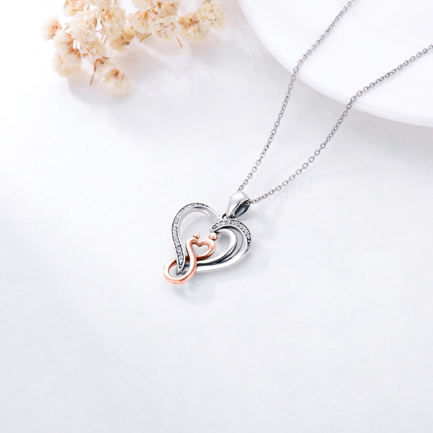 Sterling Silver Two-tone Circular Shaped Cubic Zirconia Heart & Infinity Symbol Pendant Necklace