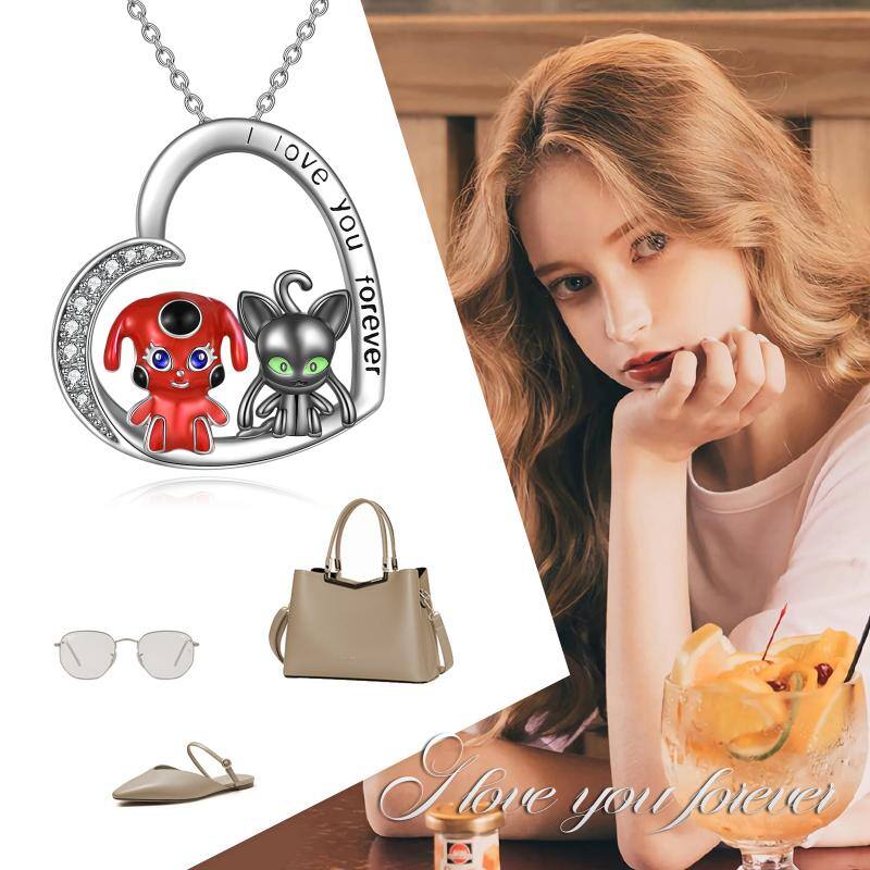 Sterling Silver Two-tone Circular Shaped Cubic Zirconia Heart & Miraculous Ladybug And Cat Noir Pendant Necklace with Engraved Word