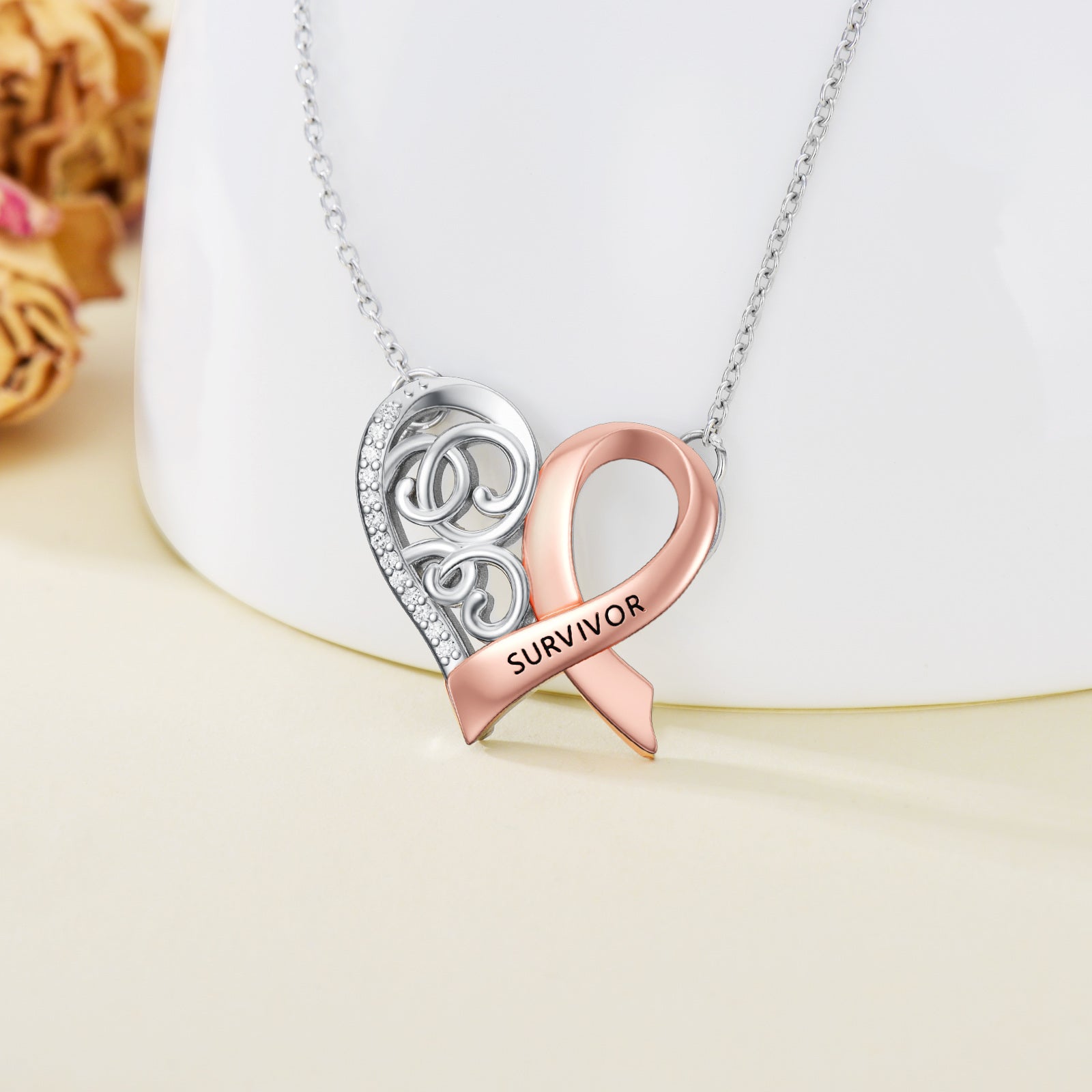 Sterling Silver Two-tone Circular Shaped Cubic Zirconia Heart & Ribbon Pendant Necklace with Engraved Word