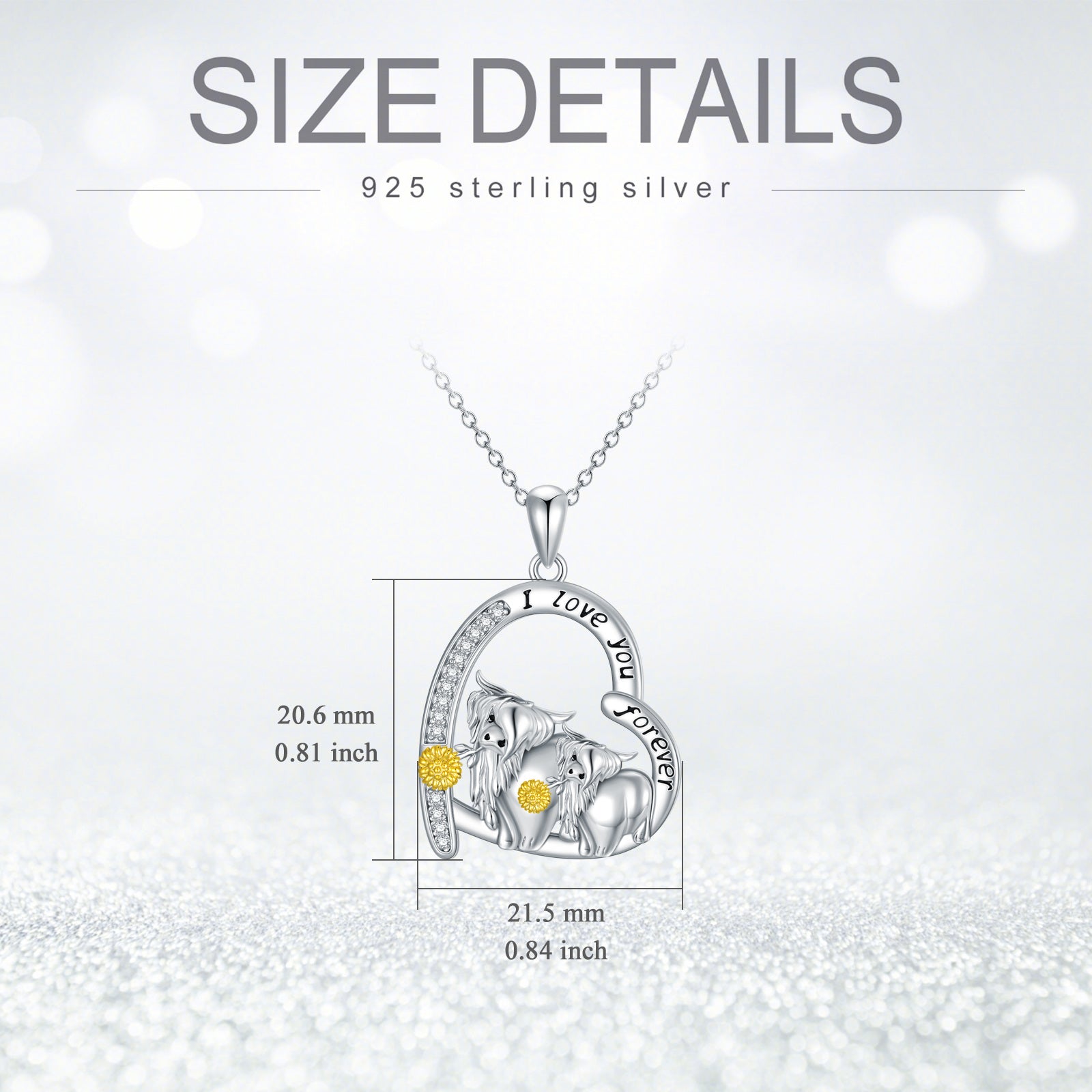 Sterling Silver Two-tone Circular Shaped Cubic Zirconia Highland Cow & Heart Pendant Necklace with Engraved Word