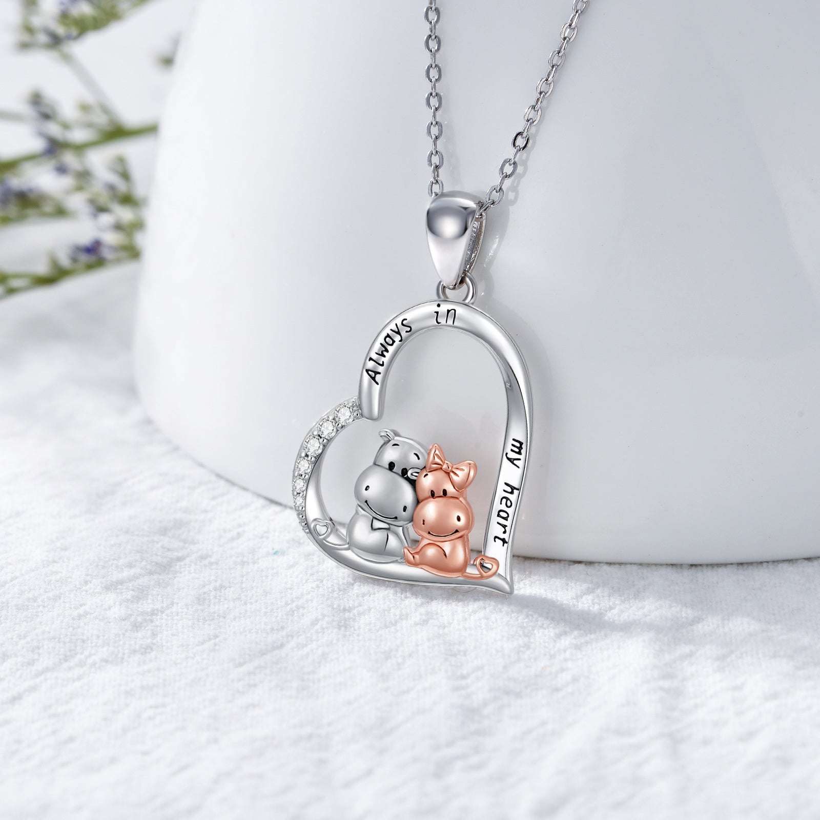 Sterling Silver Two-tone Circular Shaped Cubic Zirconia Hippo & Heart Pendant Necklace with Engraved Word