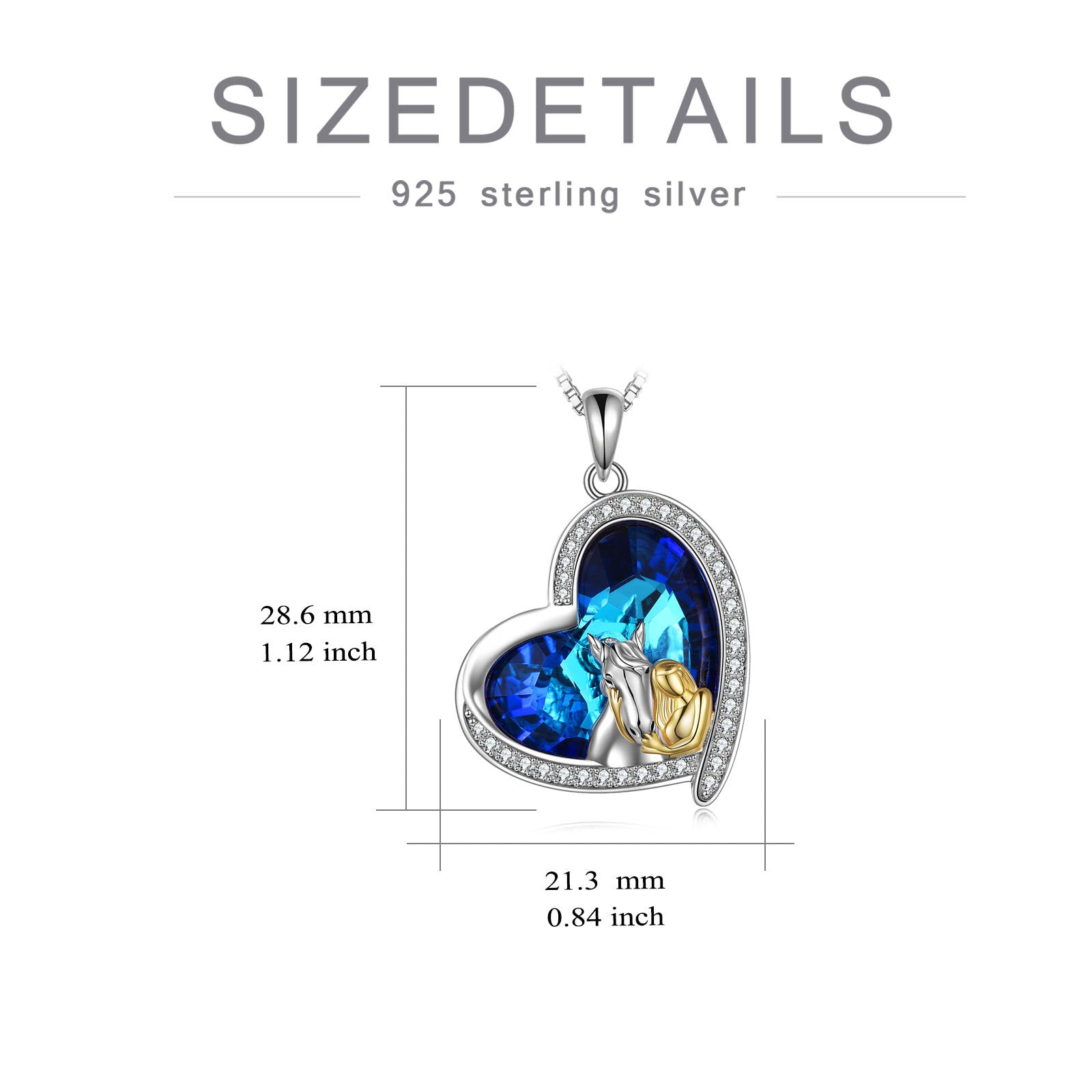Sterling Silver Two-tone Circular Shaped Horse & Heart Crystal Pendant Necklace