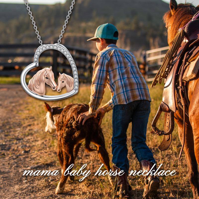 Sterling Silver Two-tone Circular Shaped Cubic Zirconia Horse & Heart Pendant Necklace