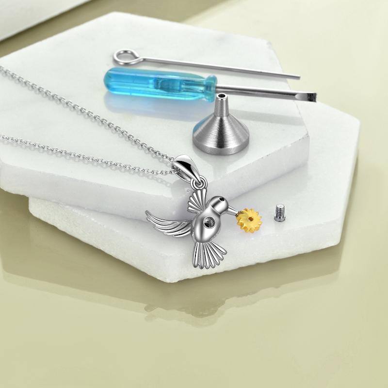 Sterling Silver Two-tone Circular Shaped Cubic Zirconia Hummingbird & Sunflower Urn Necklace for Ashes