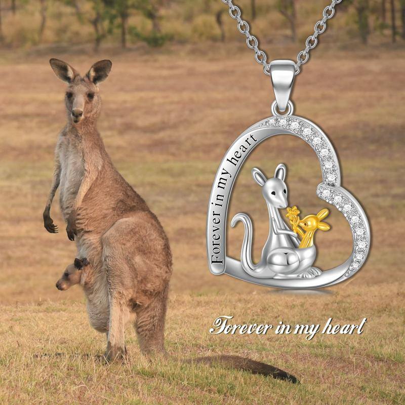 Sterling Silver Two-tone Circular Shaped Cubic Zirconia Kangaroo & Heart Pendant Necklace with Engraved Word