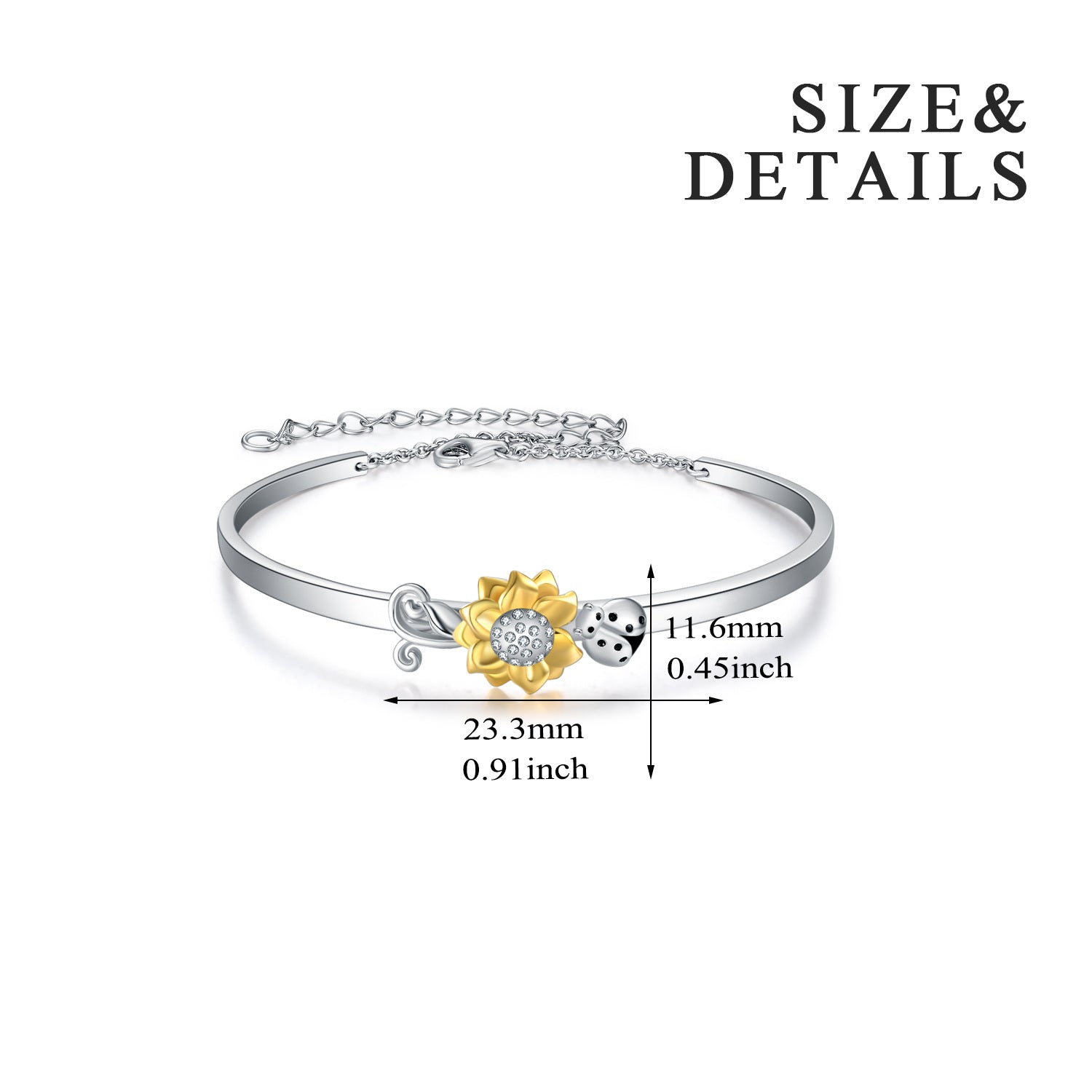 Sterling Silver Two-tone Circular Shaped Cubic Zirconia Ladybug & Sunflower Pendant Bangle