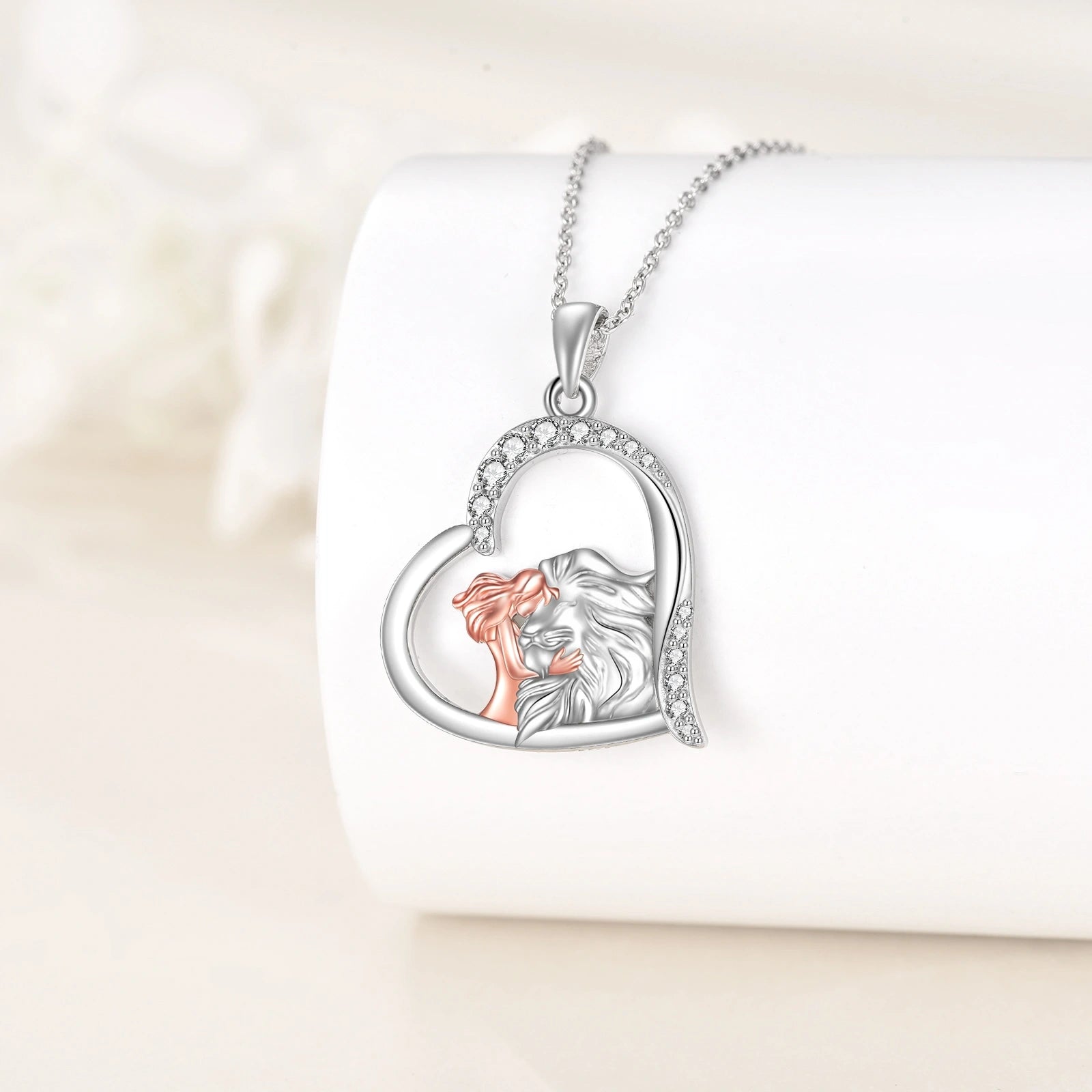 Sterling Silver Two-tone Circular Shaped Cubic Zirconia Lion & Heart Pendant Necklace