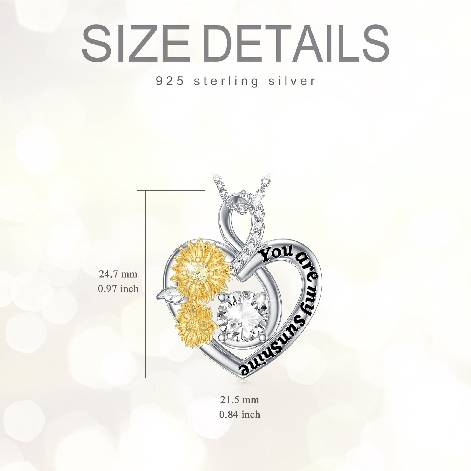 Sterling Silver Two-tone Circular Shaped Moissanite Sunflower & Heart Pendant Necklace with Engraved Word