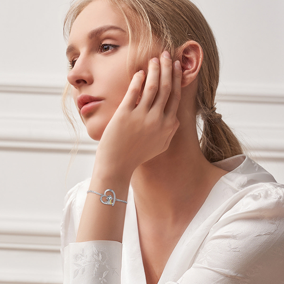 Sterling Silver Two-tone Circular Shaped Cubic Zirconia Monkey & Heart Charm Bracelet