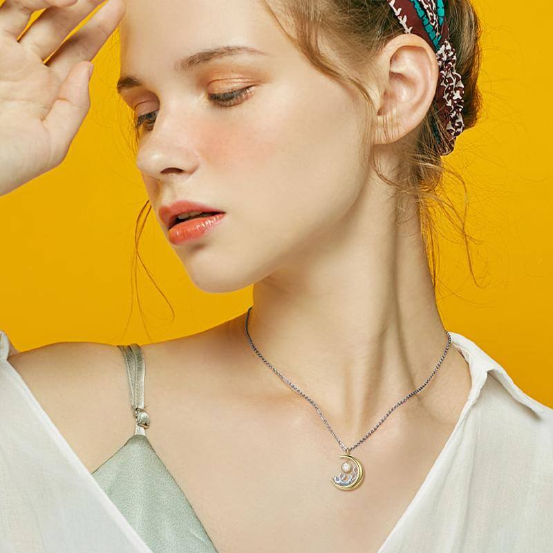 Sterling Silver Two-tone Circular Shaped Moonstone Cat & Moon Pendant Necklace