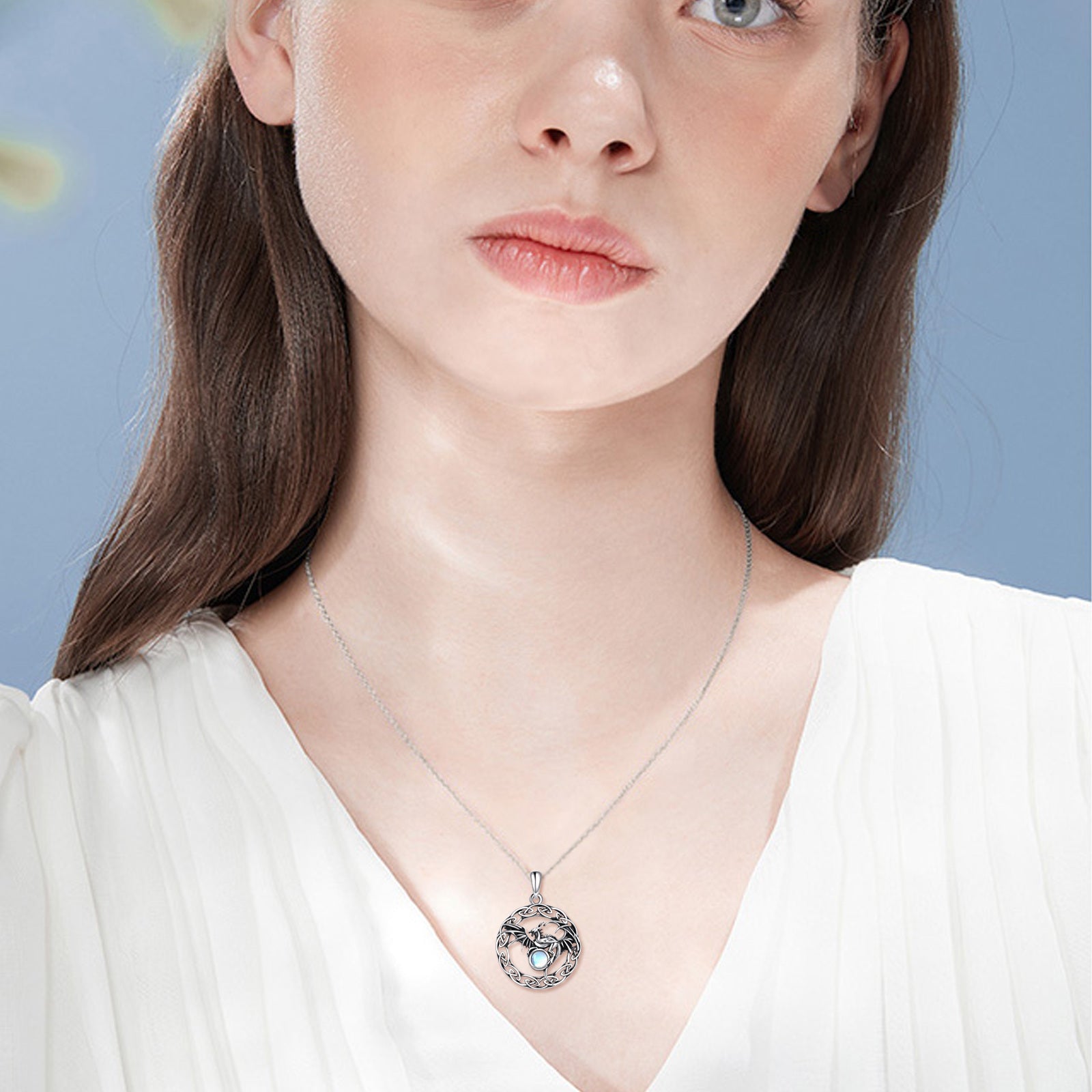 Sterling Silver Two-tone Circular Shaped Moonstone Dragon & Celtic Knot Pendant Necklace