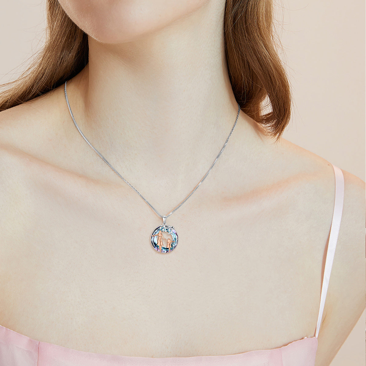 Sterling Silver Two-tone Circular Shaped Mother & Daughter Crystal Pendant Necklace