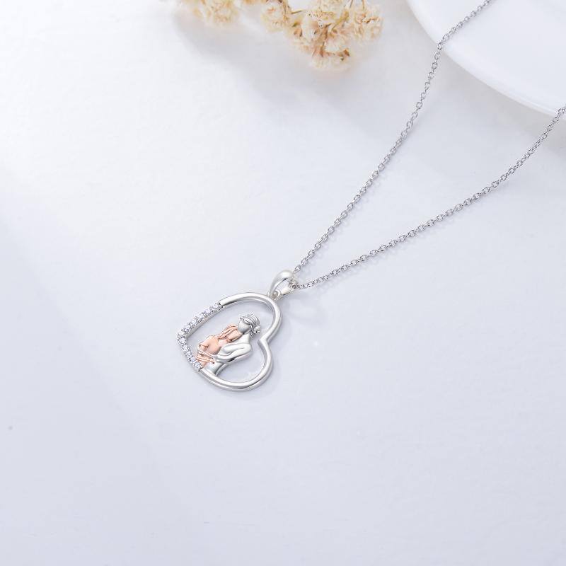 Sterling Silver Two-tone Circular Shaped Mother & Daughter Heart Pendant Necklace
