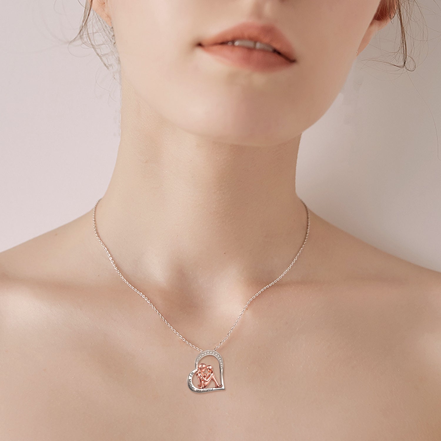 Sterling Silver Two-Tone Circular Cubic Zirconia Mother With Daughter Heart Pendant Necklace With Engraved Words For Women