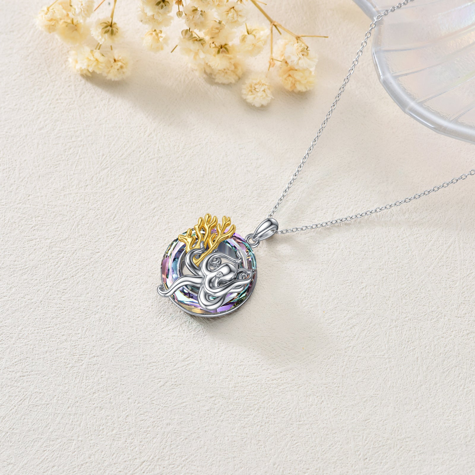 Sterling Silver Two-tone Circular Shaped Octopus Crystal Pendant Necklace