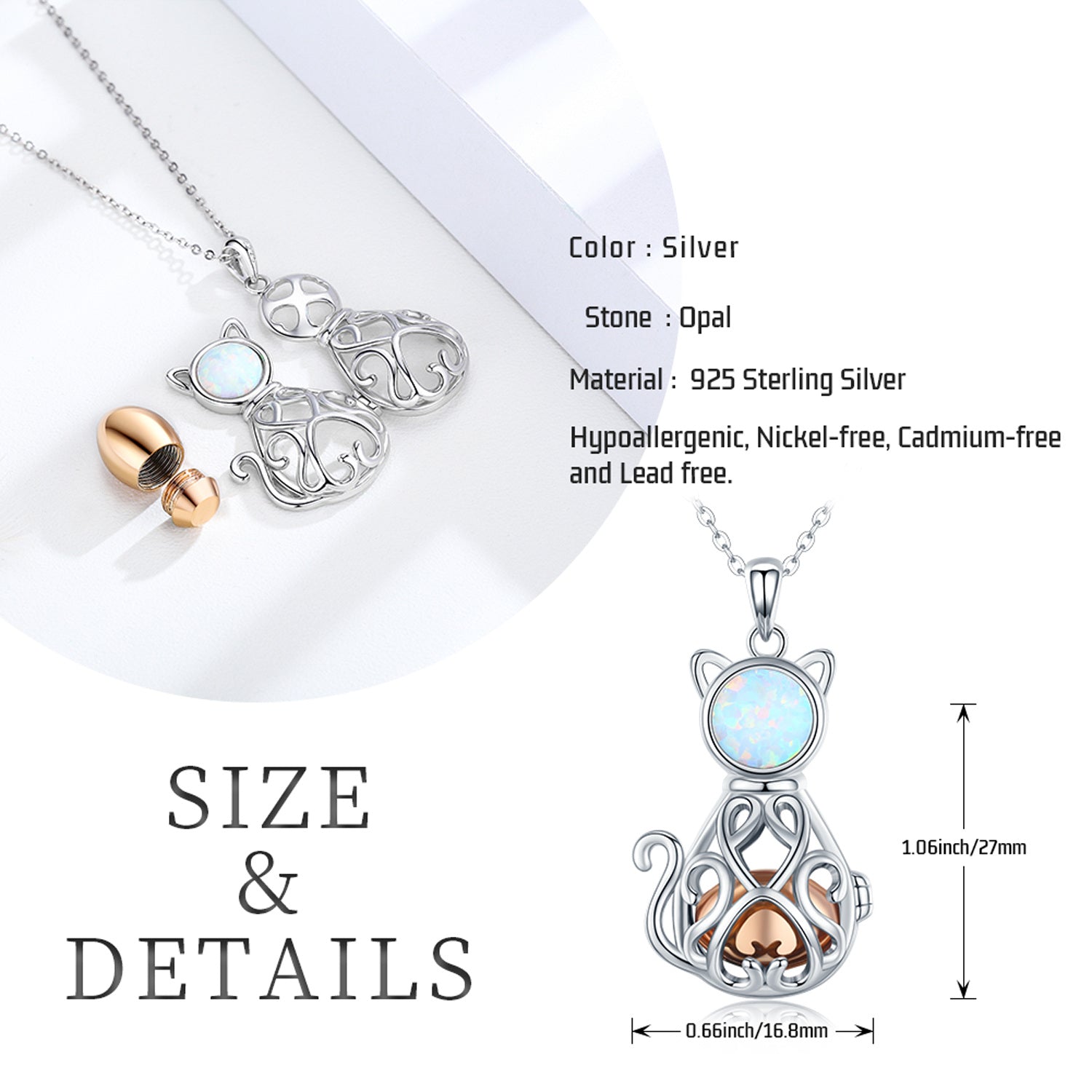 Sterling Silver Two-tone Circular Shaped Opal Cat Urn Necklace for Ashes