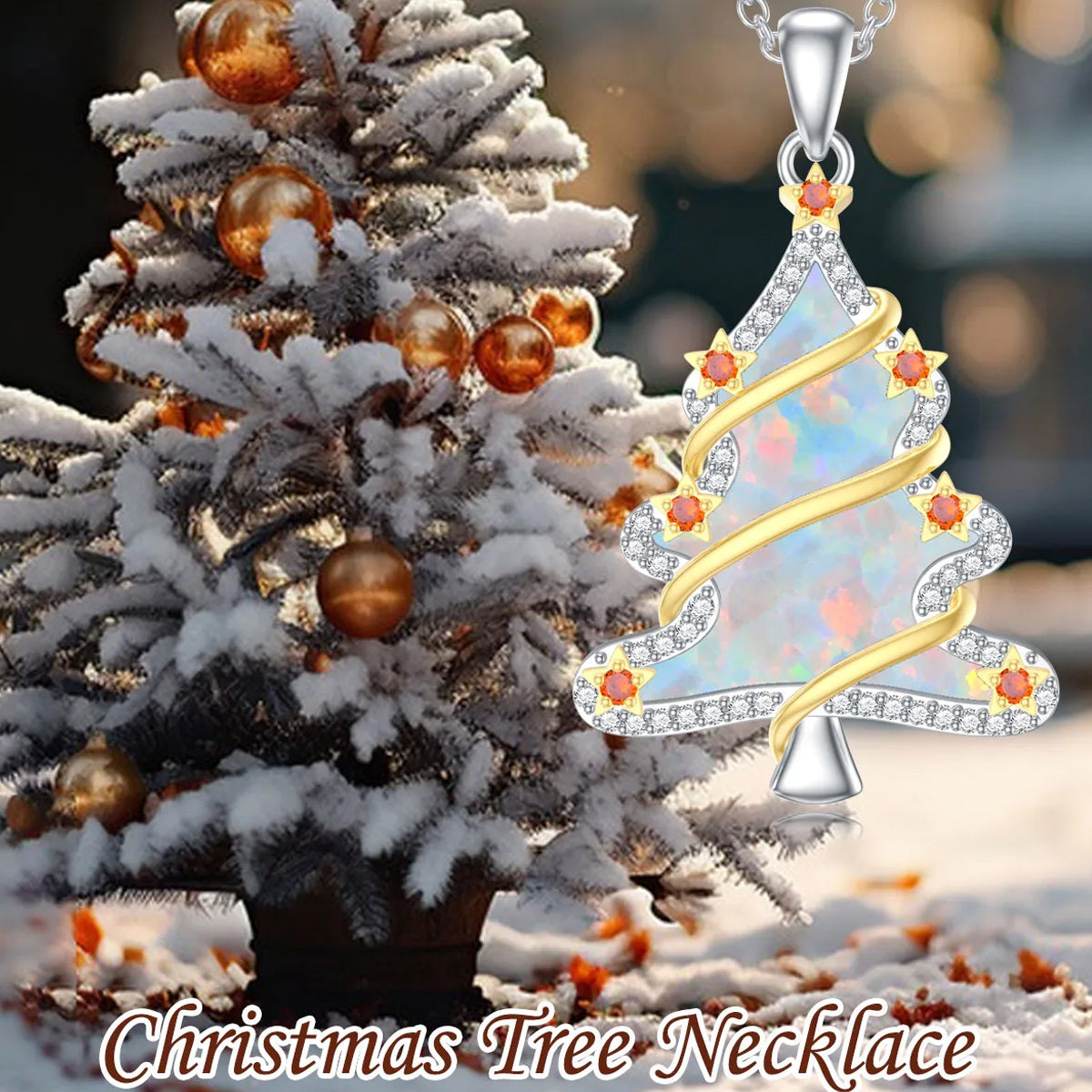 Sterling Silver Two-tone Circular Shaped Cubic Zirconia & Opal Christmas Tree Pendant Necklace