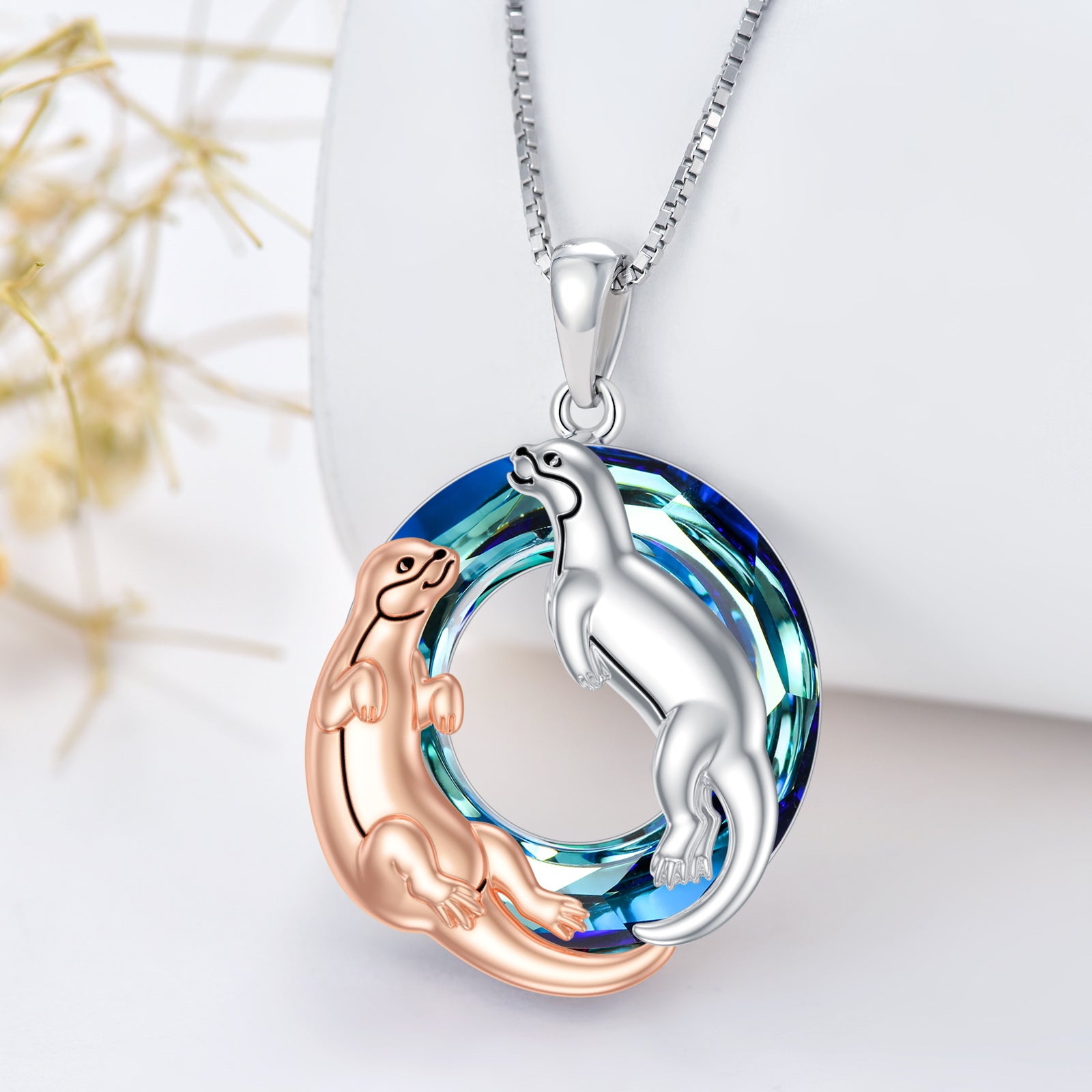 Sterling Silver Two-tone Circular Shaped Otter Crystal Pendant Necklace