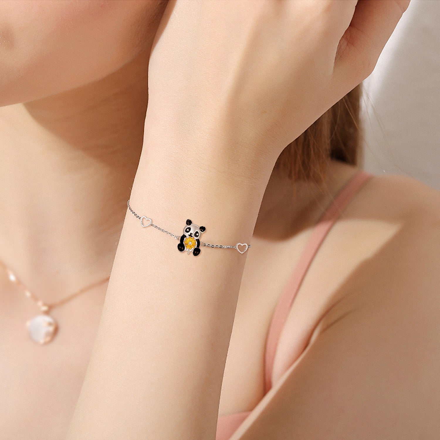 Sterling Silver Two-tone Circular Shaped Cubic Zirconia Panda & Sunflower & Heart Charm Bracelet