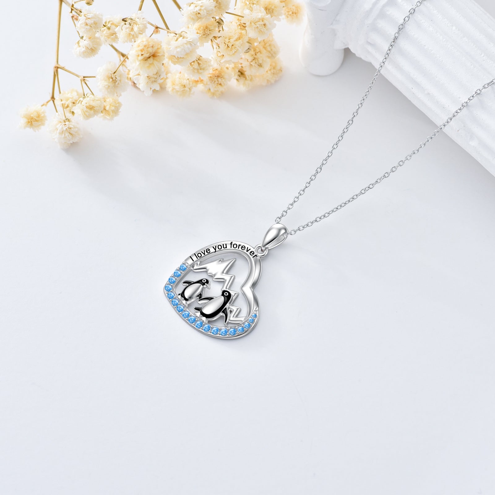 Sterling Silver Two-tone Circular Shaped Cubic Zirconia Penguin & Heart Pendant Necklace with Engraved Word