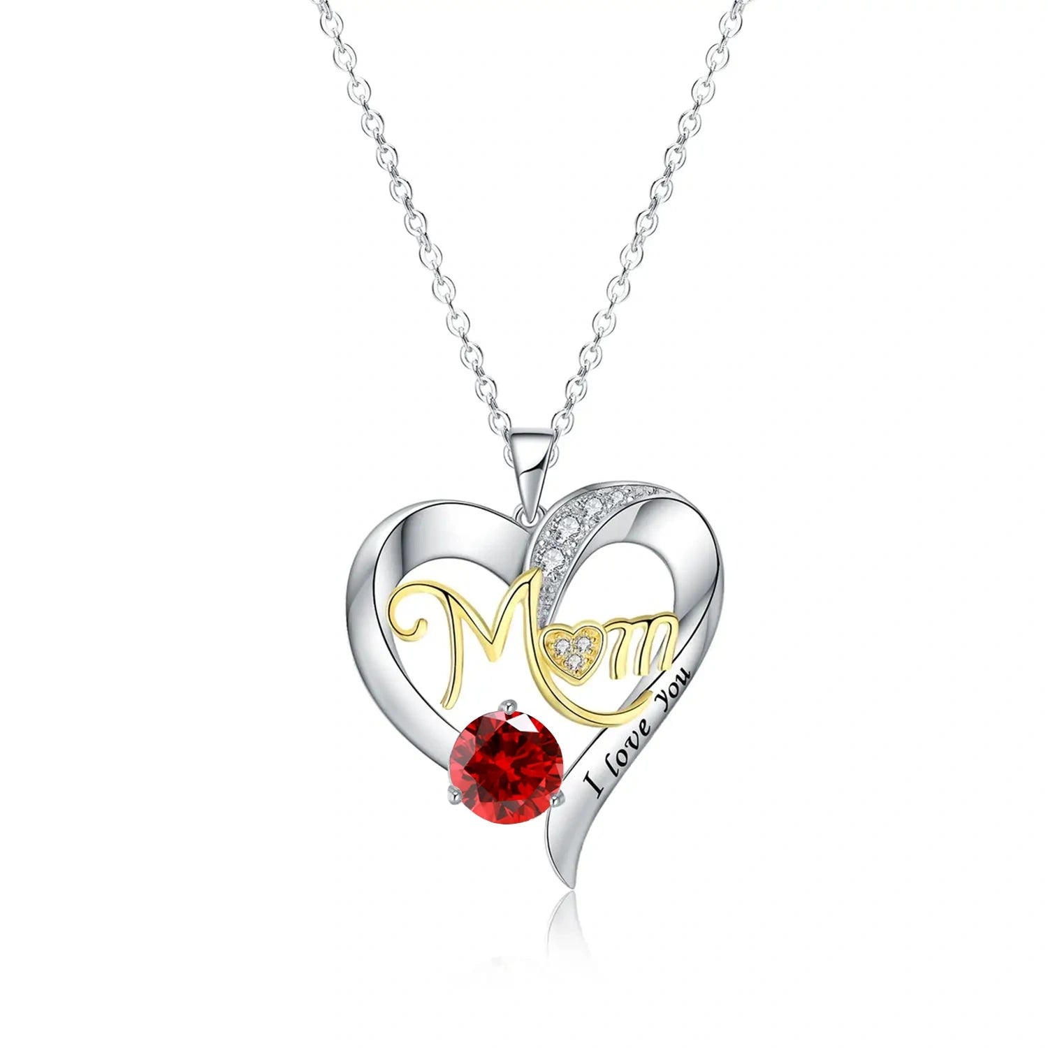 Sterling Silver Two-tone Circular Shaped Cubic Zirconia Personalized Birthstone & Heart Pendant Necklace with Engraved Word