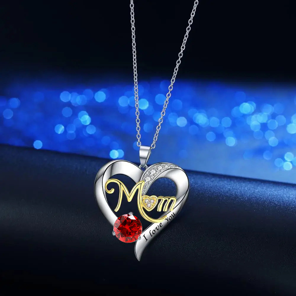 Sterling Silver Two-tone Circular Shaped Cubic Zirconia Personalized Birthstone & Heart Pendant Necklace with Engraved Word