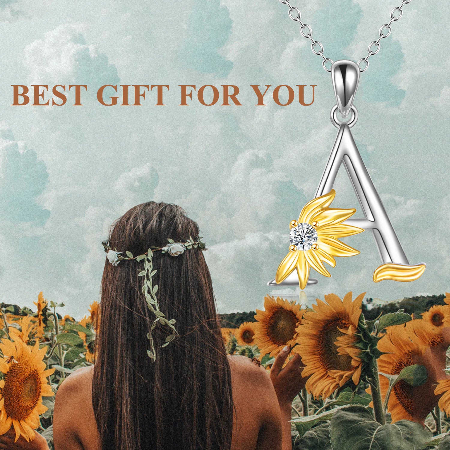 Sterling Silver Two-Tone Circular Cubic Zirconia Personalized Initial Letter A Sunflower Pendant Necklace For Women
