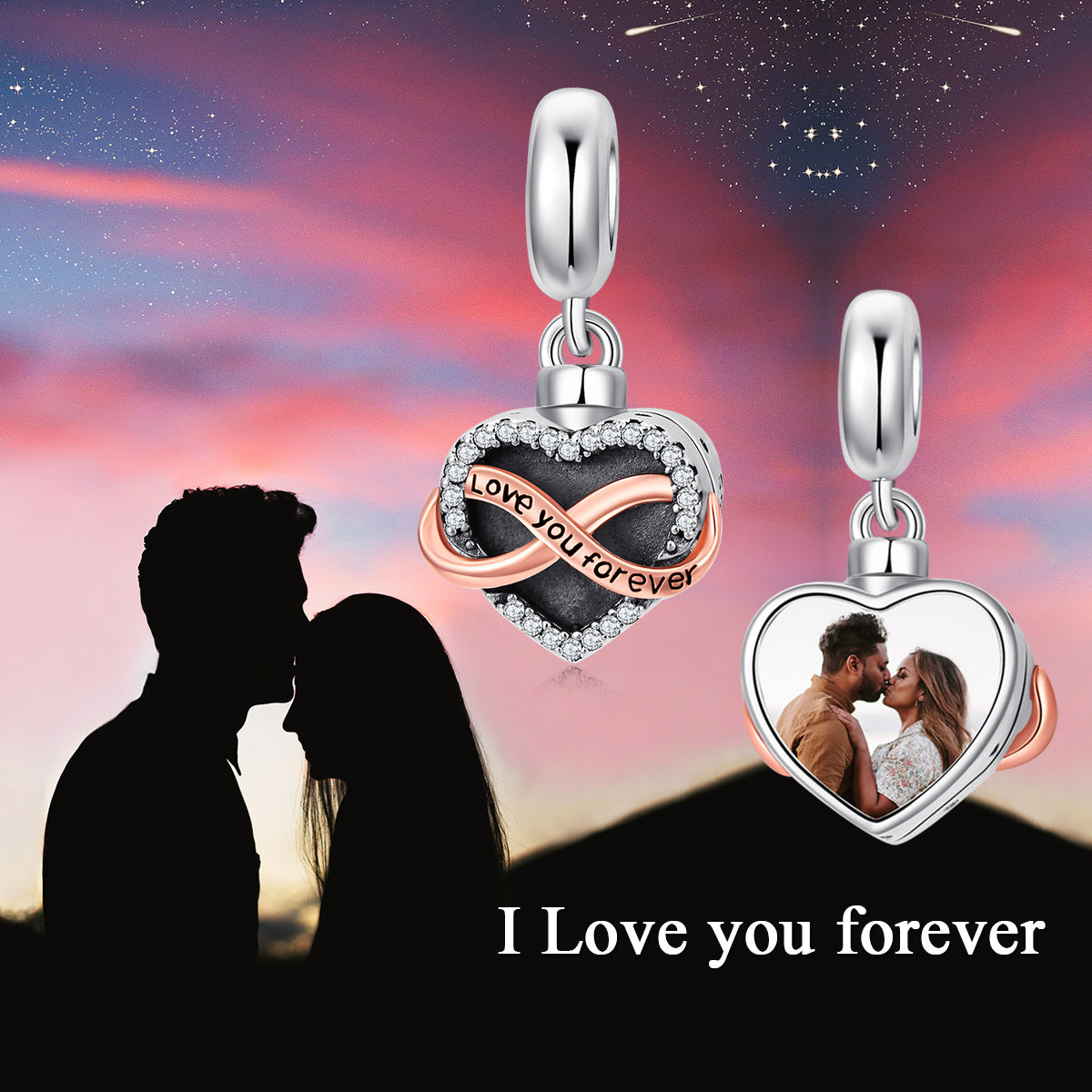 Sterling Silver Two-tone Circular Shaped Cubic Zirconia Personalized Photo & Heart Dangle Charm with Engraved Word