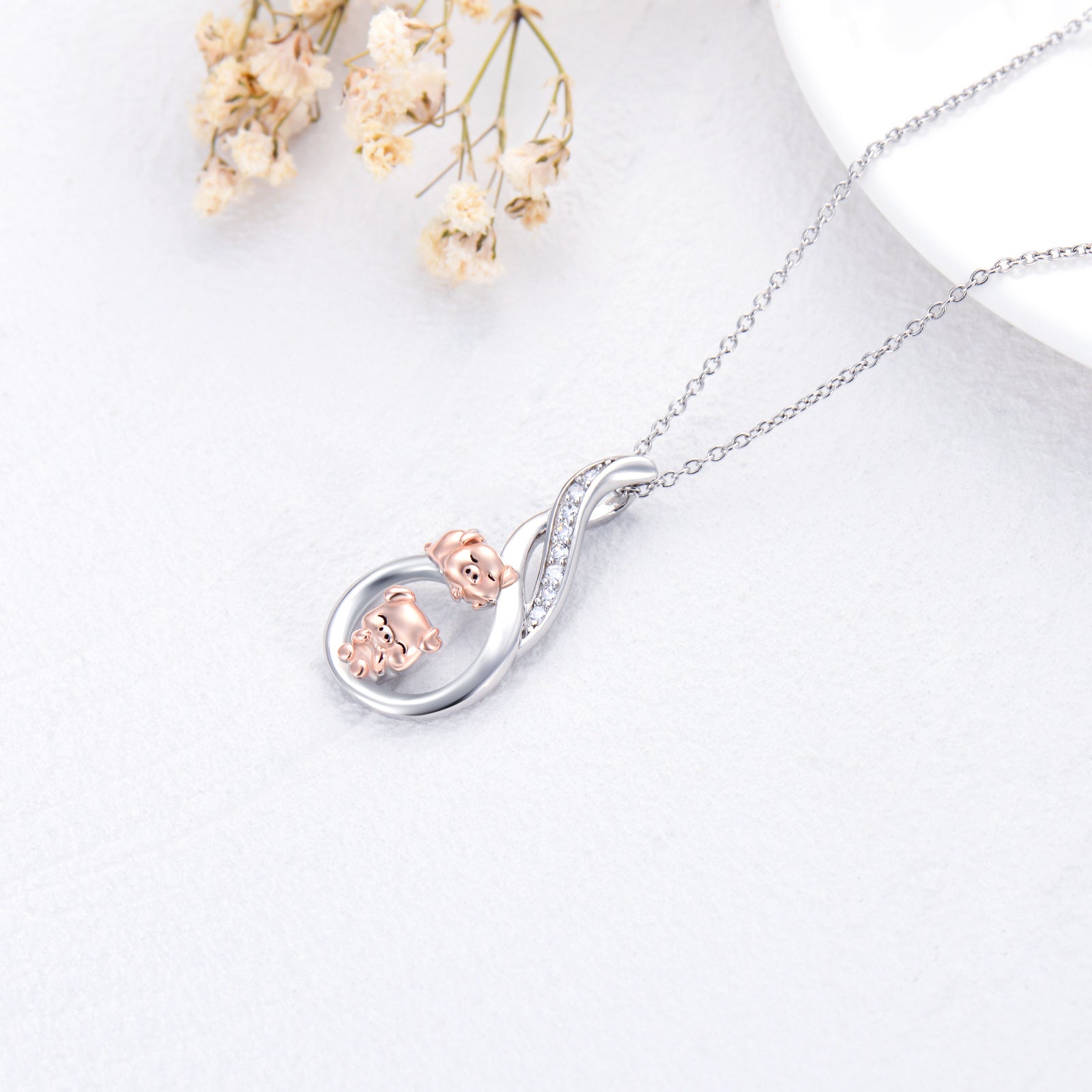 Sterling Silver Two-tone Circular Shaped Cubic Zirconia Pig Pendant Necklace