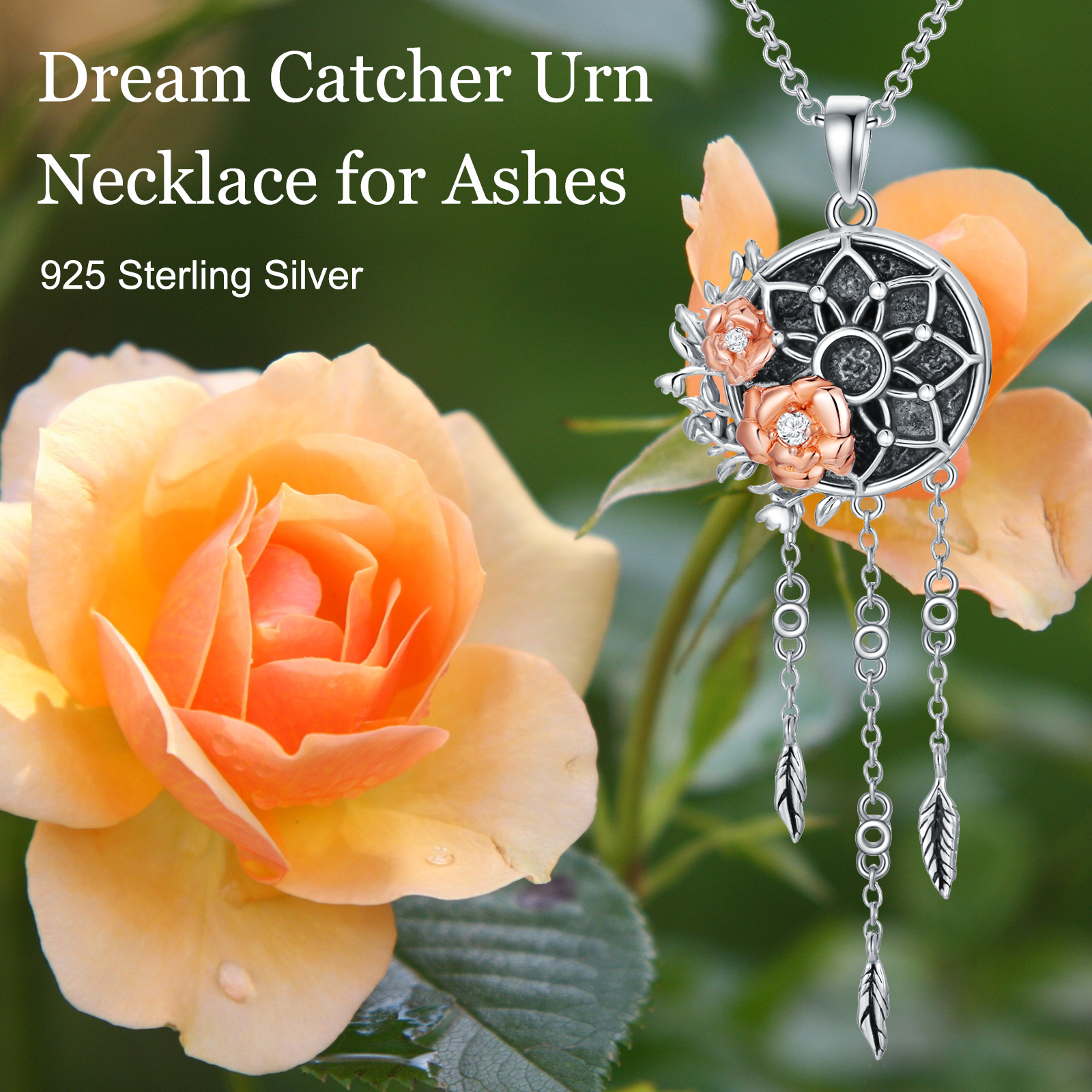 Sterling Silver Two-tone Circular Shaped Cubic Zirconia Rose & Dream Catcher Urn Necklace for Ashes