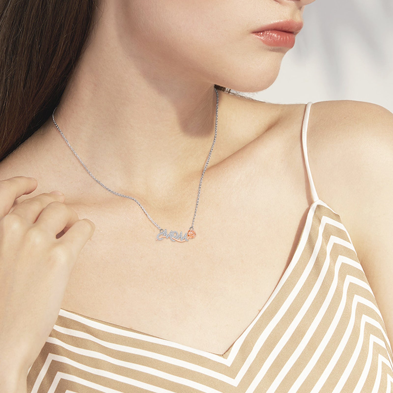 Sterling Silver Two-tone Circular Shaped Cubic Zirconia Rose & Mother Pendant Necklace with Engraved Word