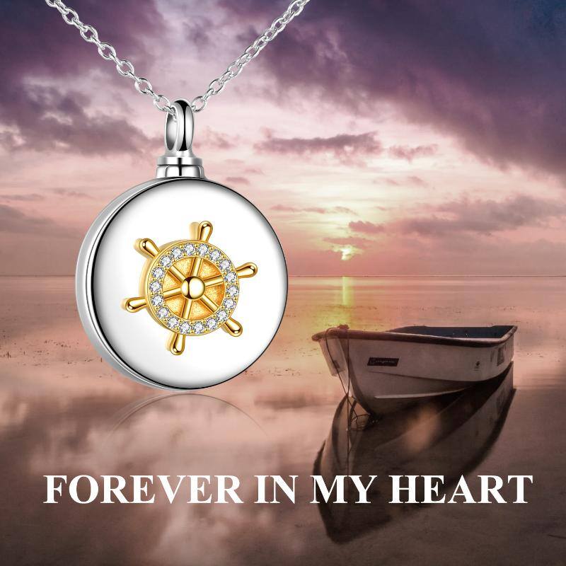 Sterling Silver Two-tone Circular Shaped Cubic Zirconia Rudder Urn Necklace for Ashes