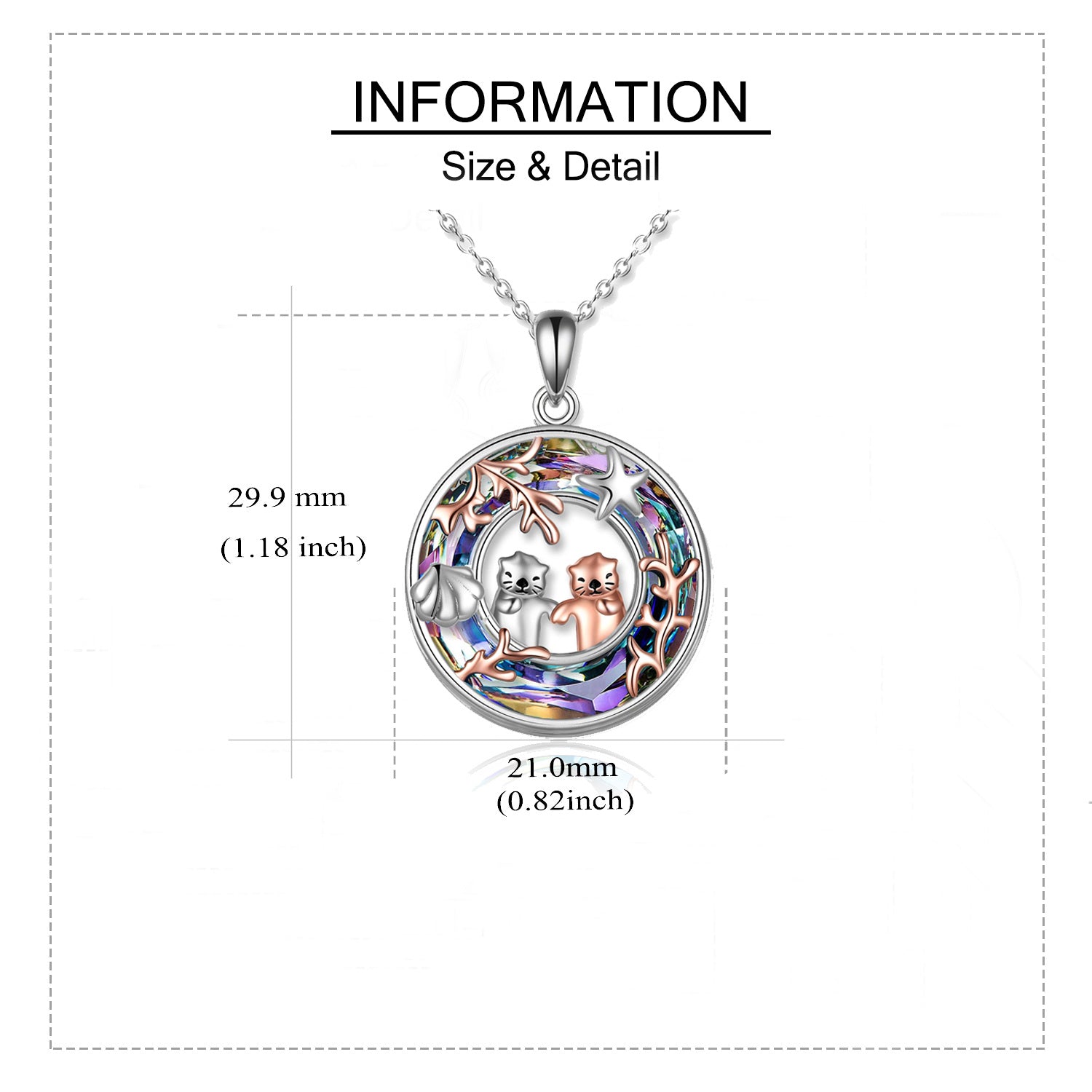 Sterling Silver Two-tone Circular Shaped Sea Otter Crystal Pendant Necklace