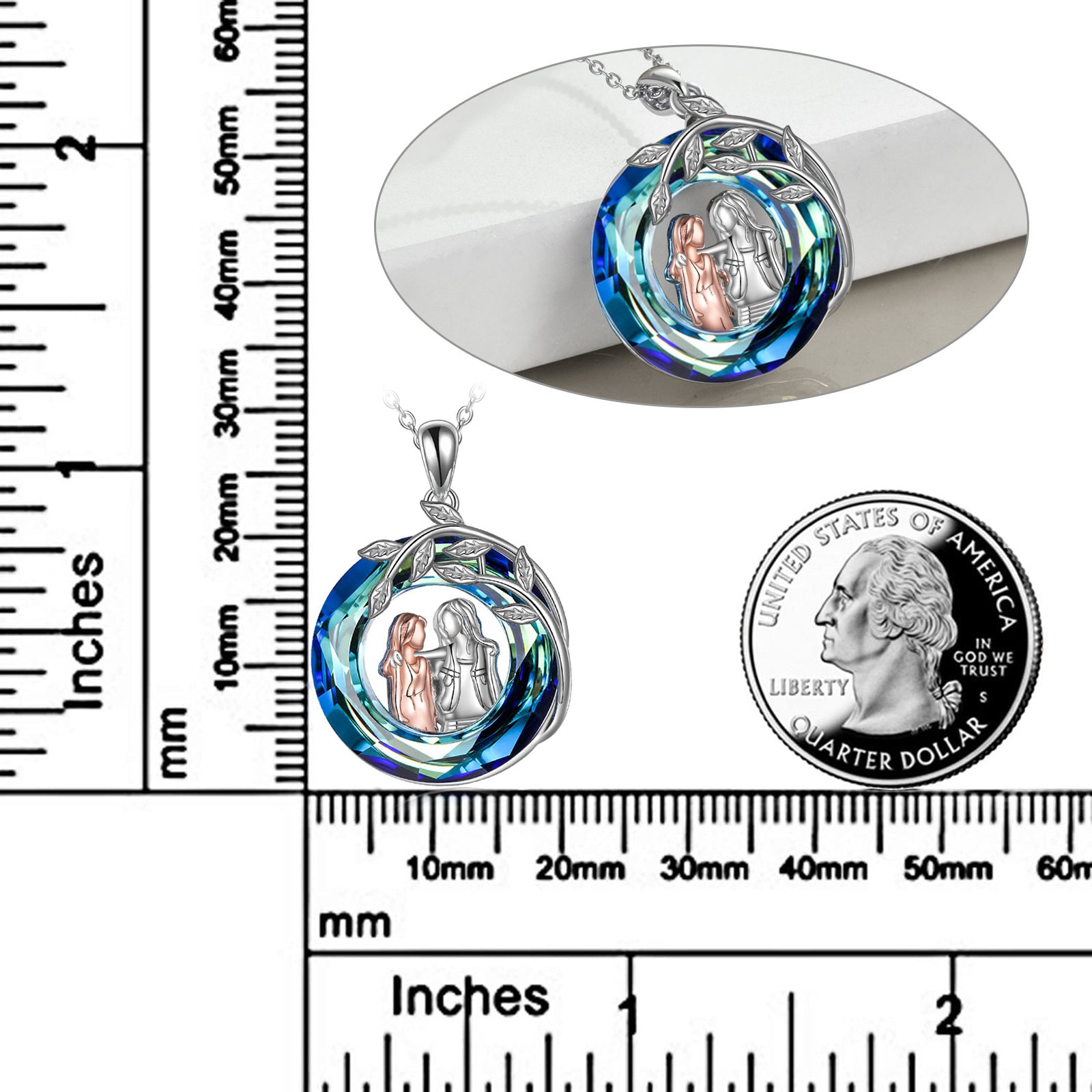 Sterling Silver Two-tone Circular Shaped Sisters Crystal Pendant Necklace