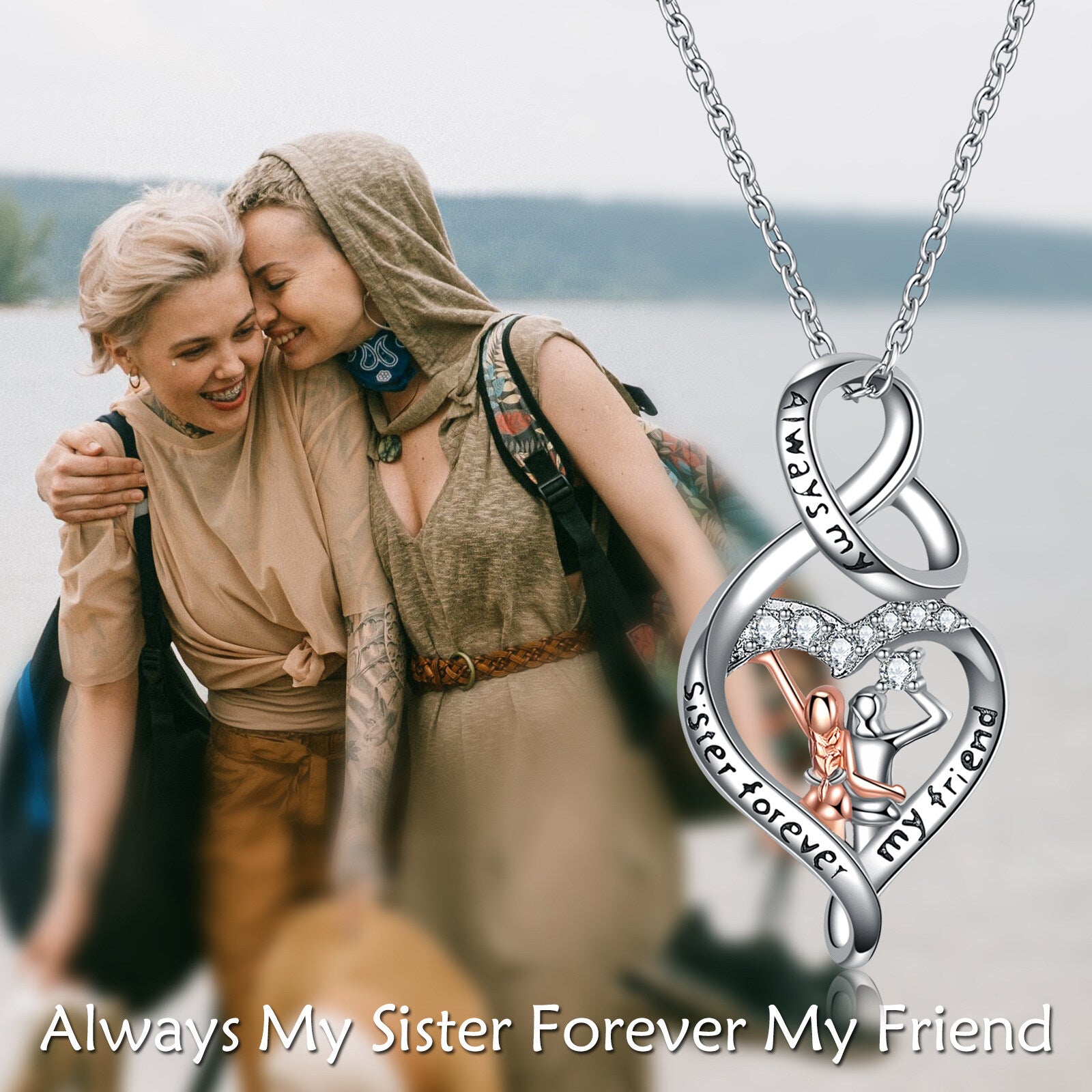 Sterling Silver Two-Tone Circular Cubic Zirconia Heart & Infinity Symbol Pendant Necklace With Engraved Word For Sister