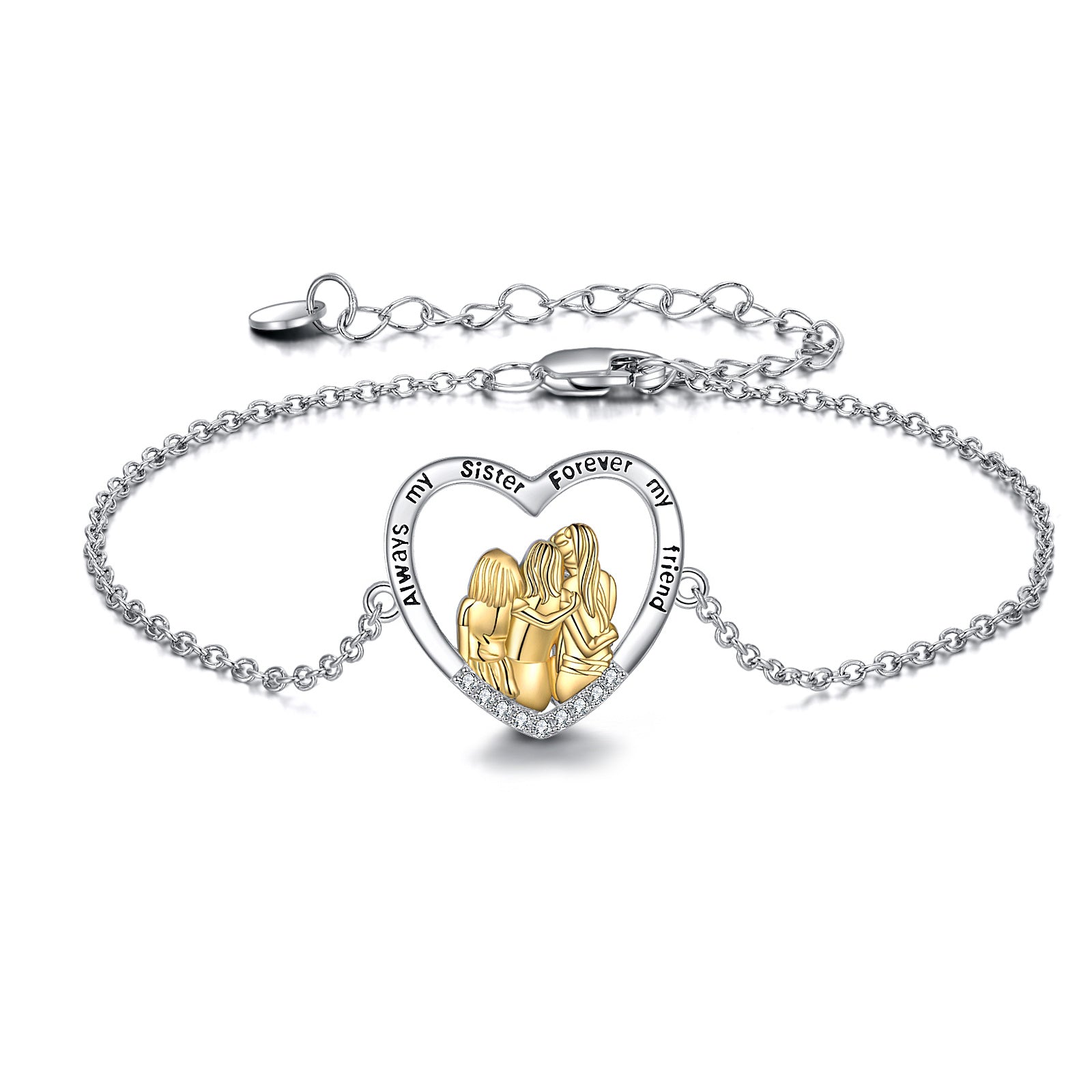 Sterling Silver Two-tone Circular Shaped Cubic Zirconia Sisters & Heart Charm Bracelet with Engraved Word