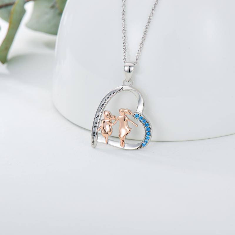 Sterling Silver Two-tone Circular Shaped Cubic Zirconia Sisters & Heart Pendant Necklace with Engraved Word