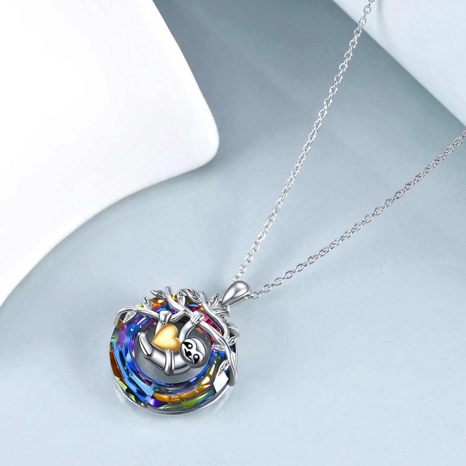 Sterling Silver Two-tone Circular Shaped Sloth & Gold Heart Crystal Pendant Necklace
