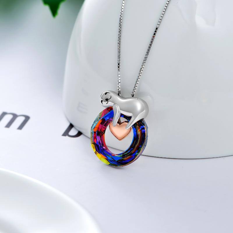 Sterling Silver Two-tone Circular Shaped Sloth & Heart Crystal Pendant Necklace