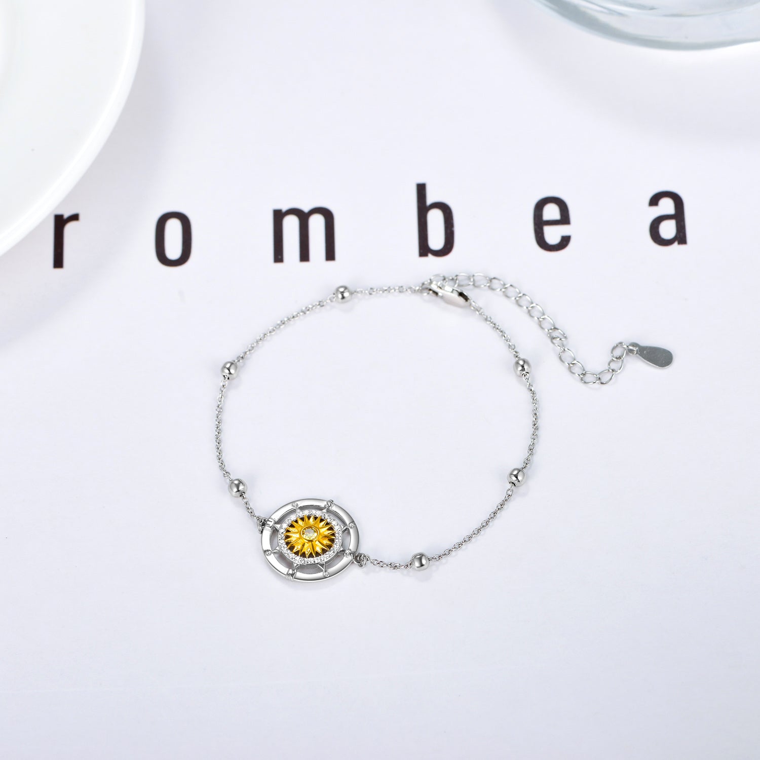 Sterling Silver Two-tone Circular Shaped Cubic Zirconia Sunflower & Compass Charm Bracelet