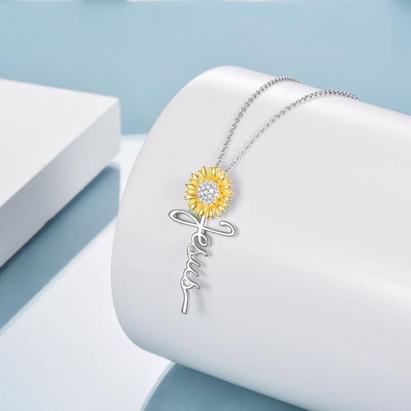 Sterling Silver Two-tone Circular Shaped Cubic Zirconia Sunflower & Cross Pendant Necklace