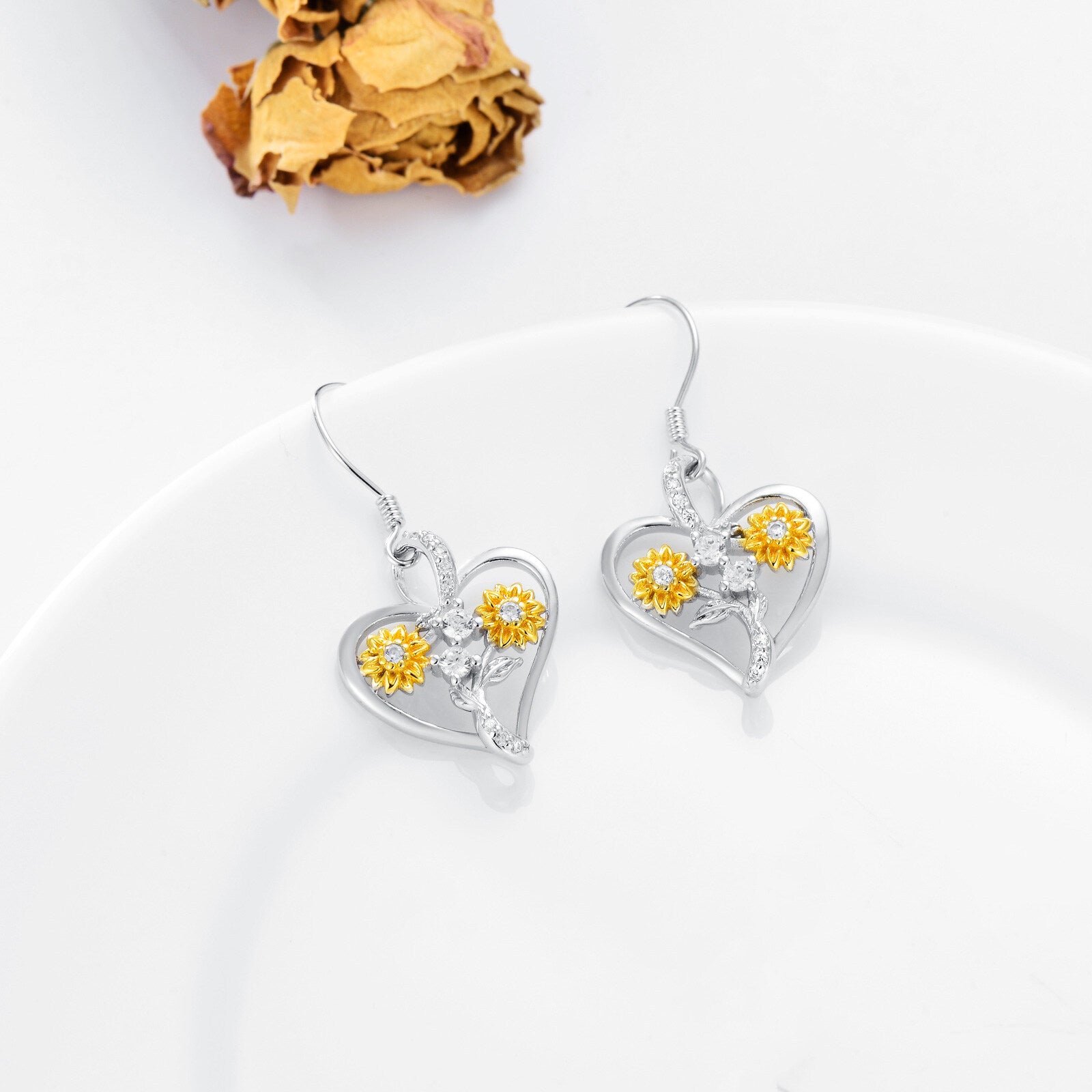 Sterling Silver Two-tone Circular Shaped Cubic Zirconia Sunflower & Heart Drop Earrings