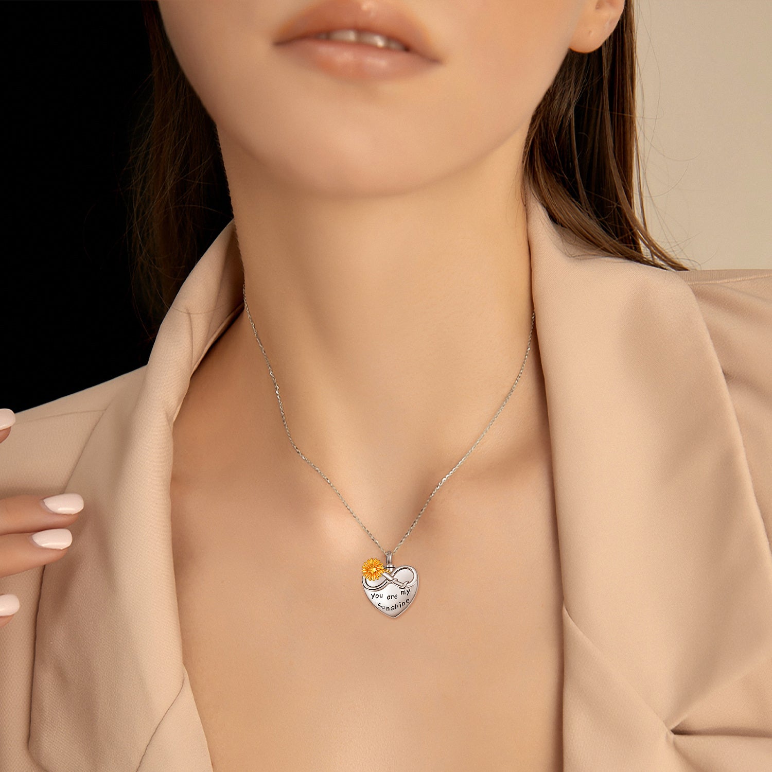 Sterling Silver Two-Tone Circular Cubic Zirconia Sunflower & Heart Infinity Symbol Pendant Necklace With Engraved Word For Women Best Friends