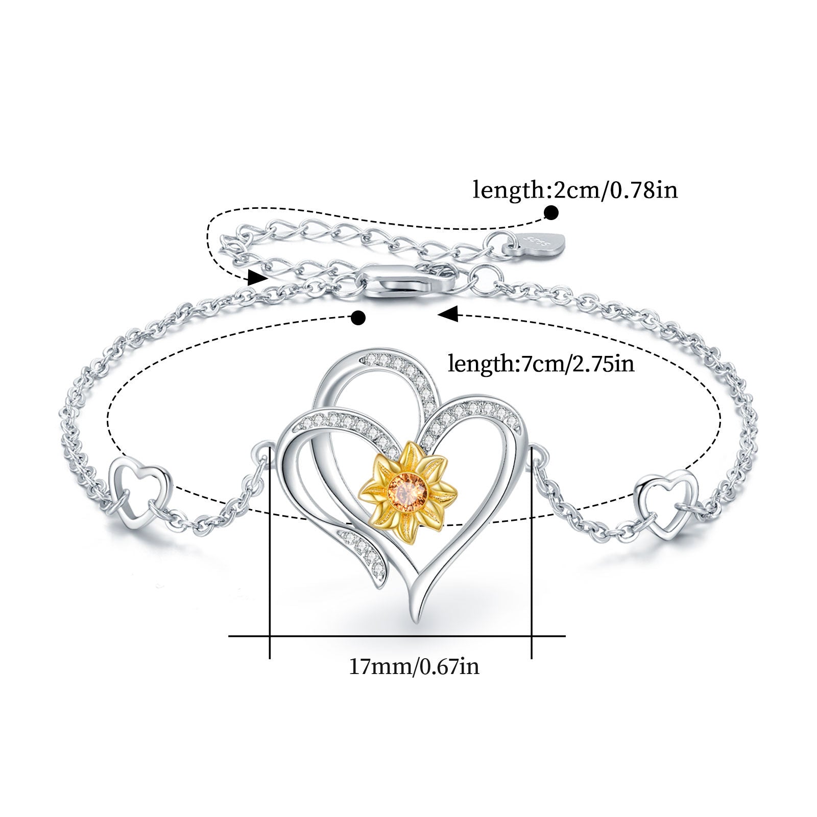 Sterling Silver Two-tone Circular Shaped Cubic Zirconia Sunflower & Heart Charm Bracelet