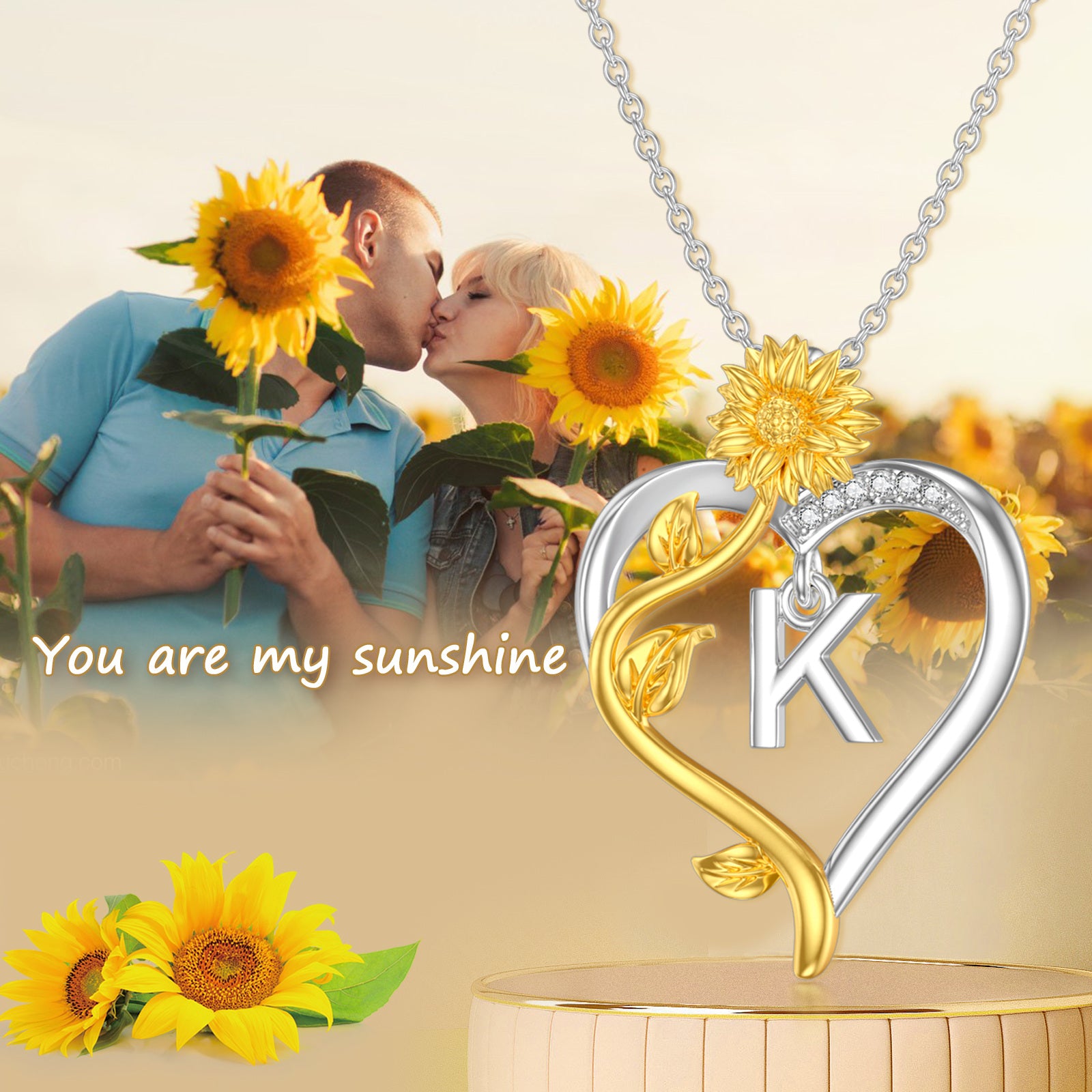 Sterling Silver Two-tone Circular Shaped Cubic Zirconia Sunflower & Heart Pendant Necklace with Initial Letter A
