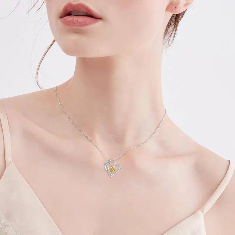 Sterling Silver Two-tone Circular Shaped Cubic Zirconia Sunflower & Heart Pendant Necklace