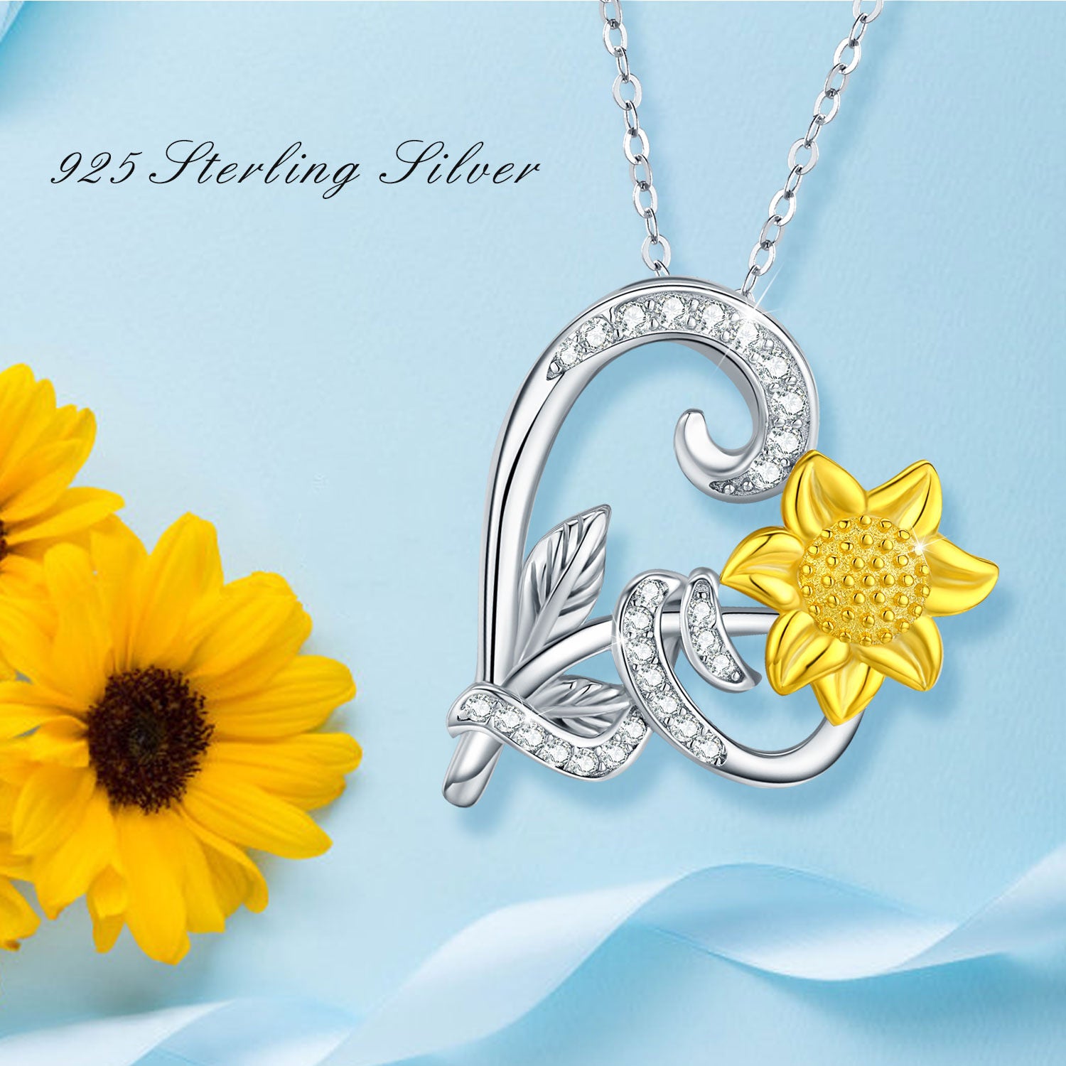 Sterling Silver Two-tone Circular Shaped Cubic Zirconia Sunflower & Heart Pendant Necklace